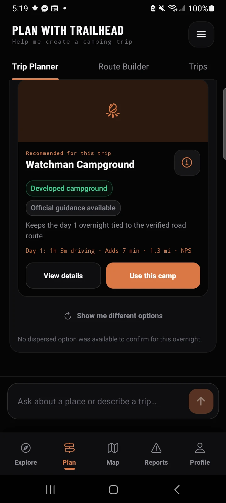 Watchman Campground recommendation with road detour details