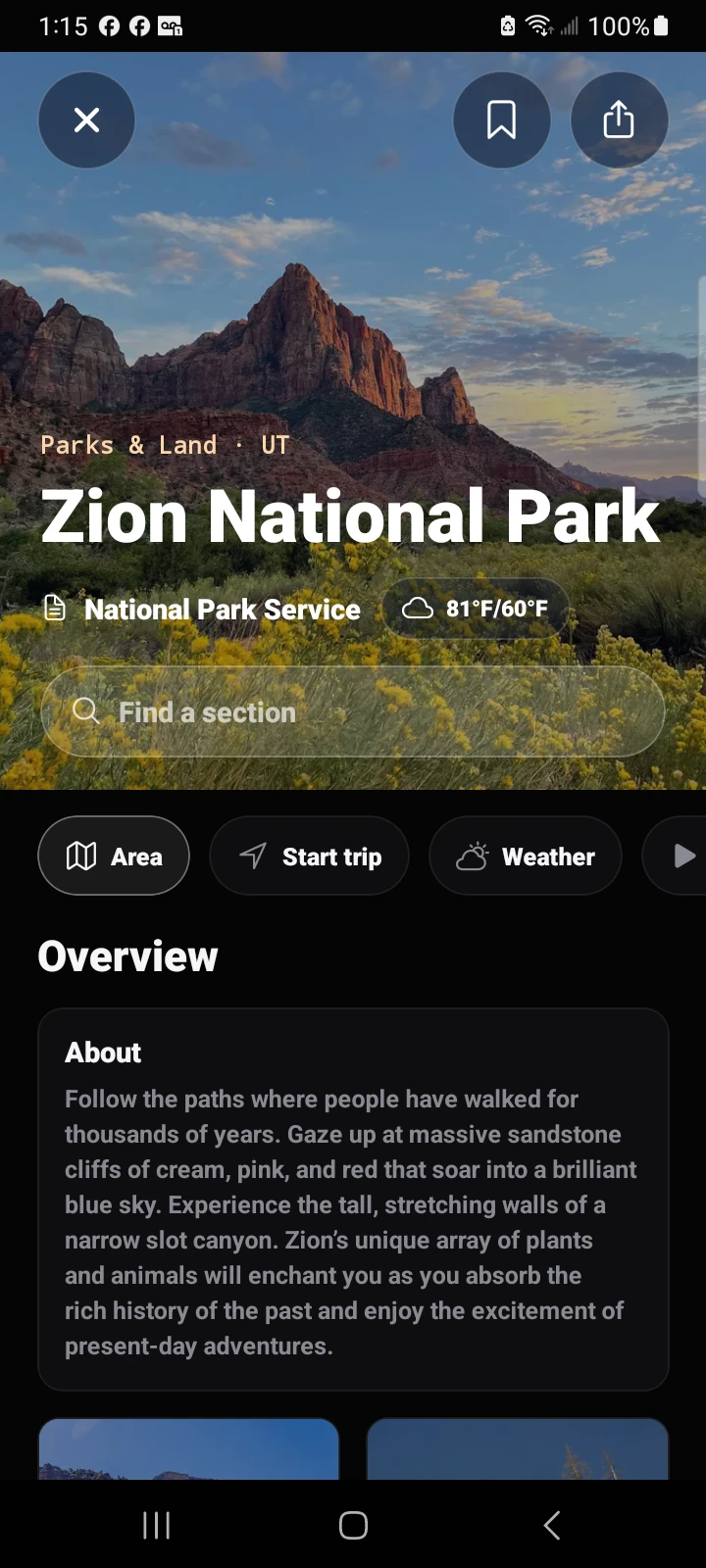 Zion National Park destination details in Trailhead