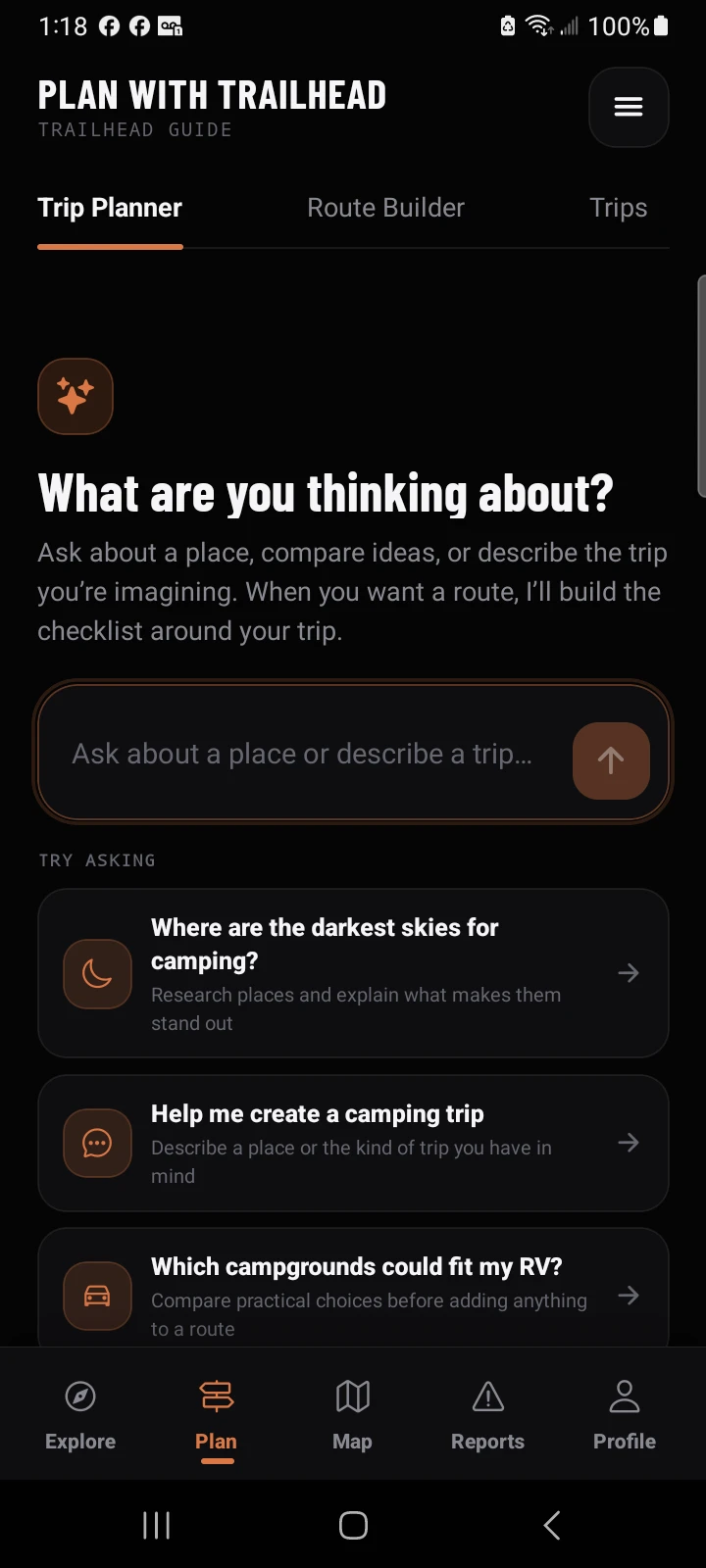 Trailhead Planner opening screen with a free-form trip conversation