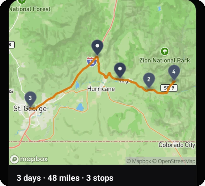 Captured road route from St. George toward Zion with selected stops