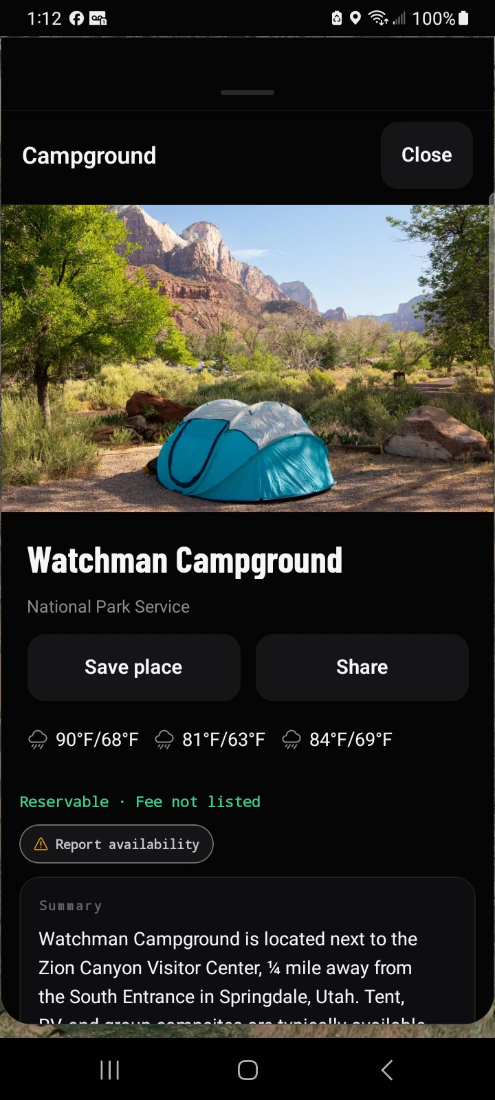 Actual Trailhead detail showing Watchman Campground and its campsite photograph